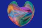 Multi-colored skeleton leaves arranged in heart-shape on blue background Art Print
